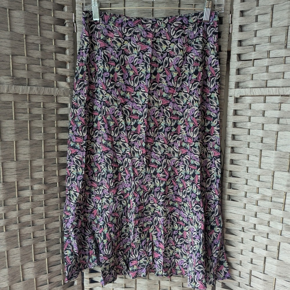 Vtg Midi Skirt Black Purple Abstract Leaf Print Lightweight Sz M Cottagecore